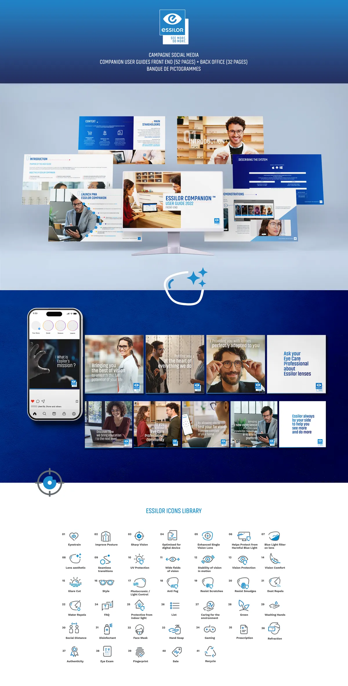 Campagne Essilor Companion avec guides utilisateurs, contenus sociaux et pictogrammes