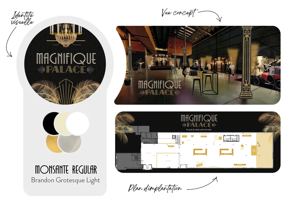 Identité visuelle, vue concept et plan d'implantation de Magnifique Palace